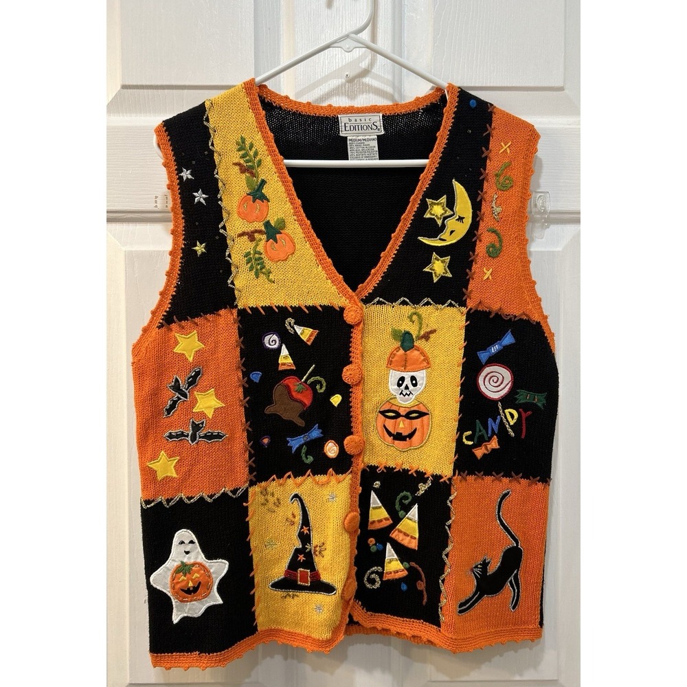 Vtg Halloween Candy Jack O' Lantern Vest Holiday Edition Sz M Spooky Season Cat